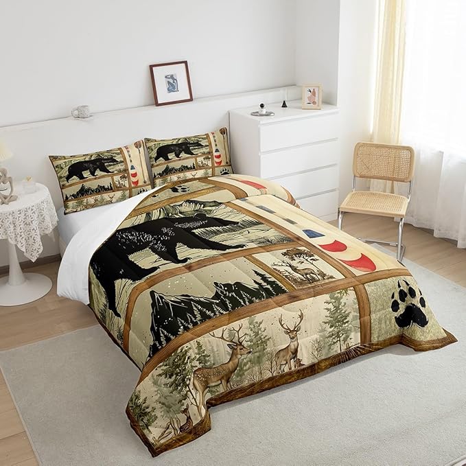 Farmhouse Hunting Bear Comforter Set Full Size, Lake House Decor Bedding, Retro Woodland Lake Paddle Down Comforter, Deer Moose Wildlife Duvet Insert, Rustic Buffalo Grid Quilt Cabin Lodge Decor