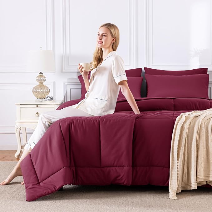 CozyLux Full Size Comforter Sets Burgundy, 7 Pieces Bed in a Bag, Red Comforter Full Size, All Season Bedding Sets with Stitch Quilted Comforter, Flat Sheet, Fitted Sheet, Pillowcases