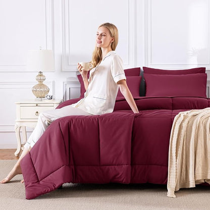 CozyLux Full Size Comforter Sets Burgundy, 7 Pieces Bed in a Bag, Red Comforter Full Size, All Season Bedding Sets with Stitch Quilted Comforter, Flat Sheet, Fitted Sheet, Pillowcases