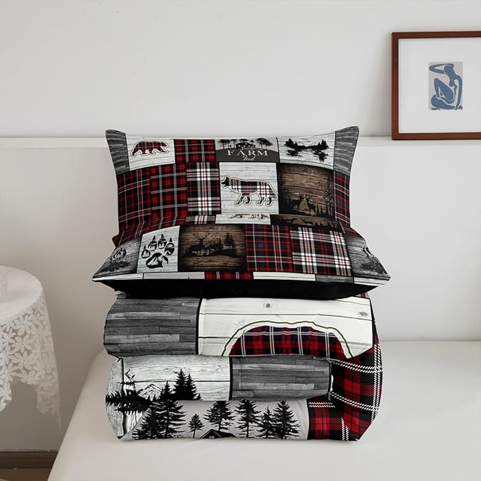 Bear Comforter for Teens Boys Girls Buffalo Plaid Check Bedding Sets for Cabin Camping Wild Farm Animal Elk Deer Duvet Insert Red Christmas Stripes Patchwork Quilt Hunting Theme Quilted Duvet,Full