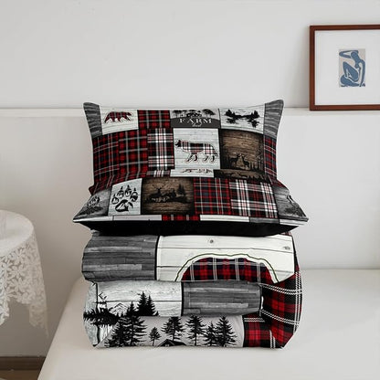 Bear Comforter for Teens Boys Girls Buffalo Plaid Check Bedding Sets for Cabin Camping Wild Farm Animal Elk Deer Duvet Insert Red Christmas Stripes Patchwork Quilt Hunting Theme Quilted Duvet,Full