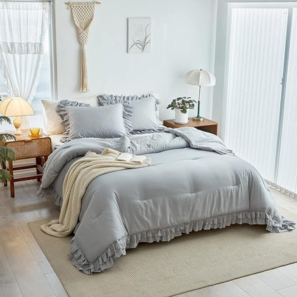 Grey Ruffle Comforter Set Full/Queen Size, 3 Pieces (1 Ruffled Comforter and 2 Pillowcases) Farmhouse Shabby Chic Style with 2 Layers Ruffle, Solid Color Lightweight Fluffy Bedding Sets for All Season