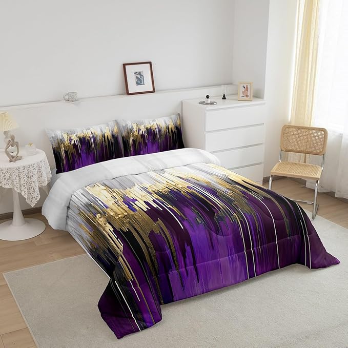 Purple Bedding Set Queen Watercolor Graffiti Duvet Insert, Striped Oil Painting Bedding Comforter Sets Aesthetic Modern Decor, Ombre Brush Marks Contemporary Metallic Gold Decor