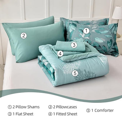 Anibedding Aqua Comforter Set King Size, 7 Pieces Botanical Leaves Reversible Soft Microfiber Bed in a Bag with Sheets Set for All Season (104"x90")