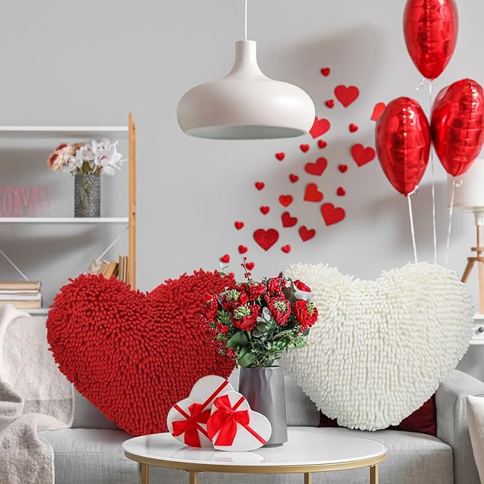 Barydat 2 Set 17 Inch Red Heart Shaped Pillows Valentines Heart Throw Pillows Decorations for Valentine Gift Living Room Sofa Office Sofa Cars Chairs (Red,White)