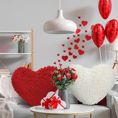 Barydat 2 Set 17 Inch Red Heart Shaped Pillows Valentines Heart Throw Pillows Decorations for Valentine Gift Living Room Sofa Office Sofa Cars Chairs (Red,White)