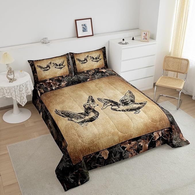 Erosebridal Hunting Duck Comforter Set Twin Tree Branch Camo Mallard Duck Bedding Set for Hunter,Rustic Farmhouse Cabin Bedding Comforter Sets for Boys Men,Camouflage Wildlife Animal Quilt Set