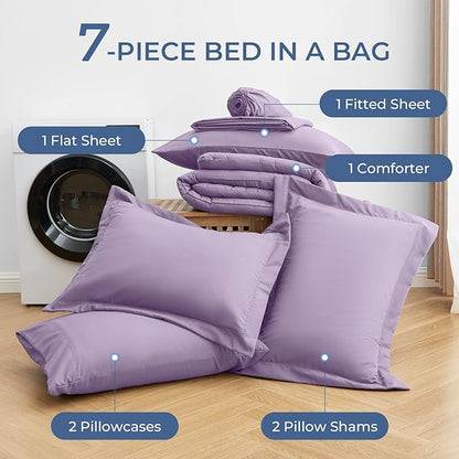 Sasttie California King Comforter Set, 7 Pieces Cal King Bed in a Bag, Complete Bedding Set Includes Comforter, Flat Sheet, Fitted Sheet, Pillowcases and Pillow Shams, Violet