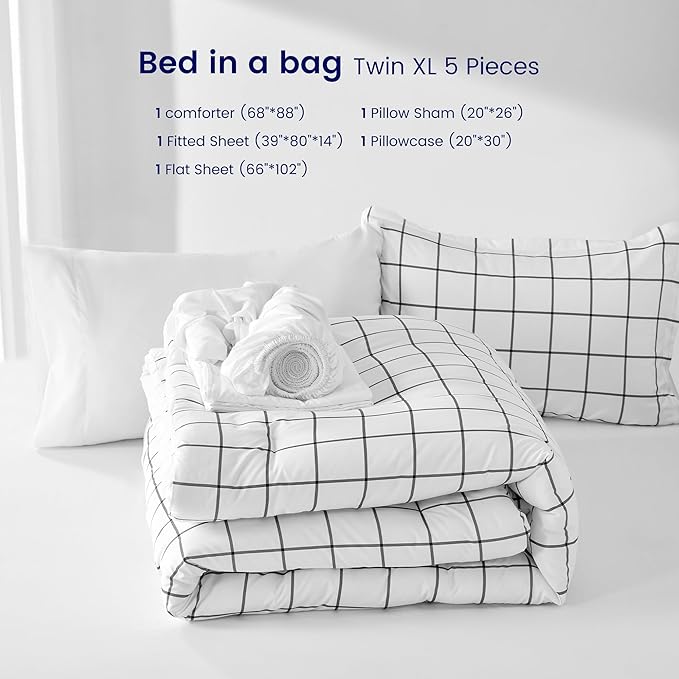 SLEEP ZONE Dorm Comforter Twin XL, 5 Pieces Geometric Plaid Pattern Printed Soft Microfiber Bedding, Breathable & Soft Bed in A Bag (Grey Grid White, Twin XL)