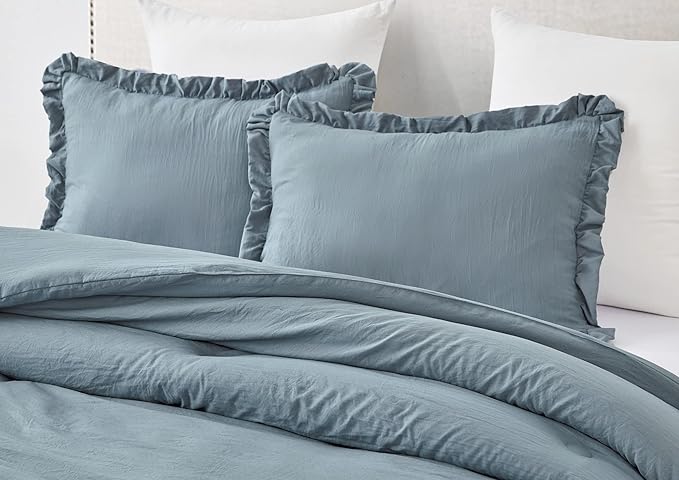 Chezmoi Collection Nora Dusty Blue Comforter Set Full Size 3-Piece Fluffy Soft Stone-Washed Ruffled Shabby Chic Bedding for All Season