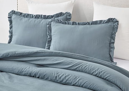 Chezmoi Collection Nora Dusty Blue Comforter Set Twin Size 2-Piece Lightweight Soft Stone-Washed Ruffled Shabby Chic Bedding for All Season