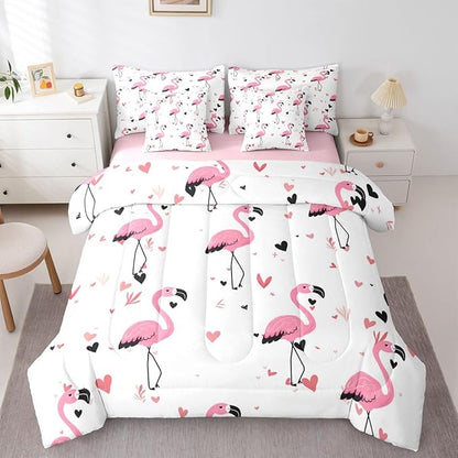 Erosebridal Kids Girls Bowknot Bow Flamingo 7 Piece Bedding Set Twin | Black Pink Y2K Comforter Set with Sheets Kawaii Cute Bed in A Bag Love Hearts Bed Sets