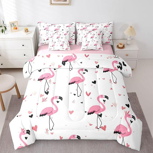 Erosebridal Kids Girls Bowknot Bow Flamingo 7 Piece Bedding Set Twin | Black Pink Y2K Comforter Set with Sheets Kawaii Cute Bed in A Bag Love Hearts Bed Sets