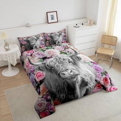 Erosebridal Highland Cow Comforter Set King Size Rose Flower Bedding Set for Kids Girls Boys Teens Adult Western Wild Animal Bull Cattle Down Comforter Funny Farmhouse Comforter Pink Grey