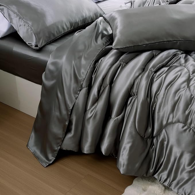 A Nice Night Satin Silky Soft Quilt Luxury Super Soft Microfiber Bedding Comforter Set, Light Weighted (Silver, King)