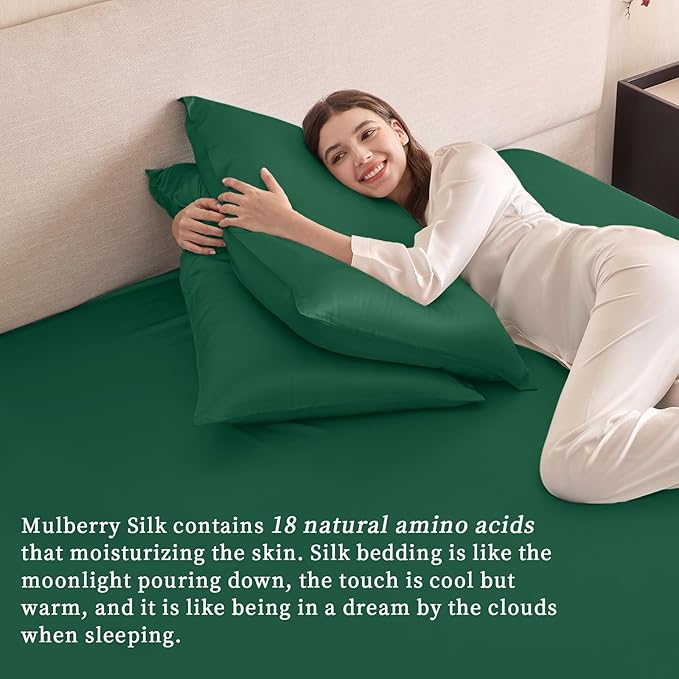 THXSILK 6A+ Top Grade 100% Pure Mulberry Silk Twin Fitted Sheet 3Pcs Set Bed Sheets Luxury Bedding for Hair and Skin Health Breathable Cooling, 1 Fitted Sheet with 2 Pillowcases, Emerald Green