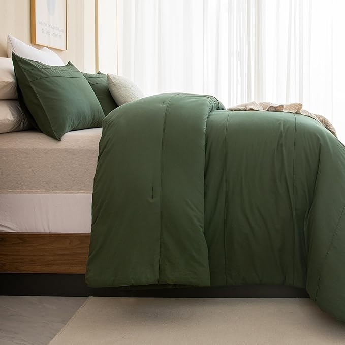 Sanracie Olive Green Oversized King Plus Comforter 128 * 120, Cotton Dark Green Pinch Pleat Bedding Comforers Set,3pc Aesthetic Comforter Super King Soft Lightweight Bed Set All Season