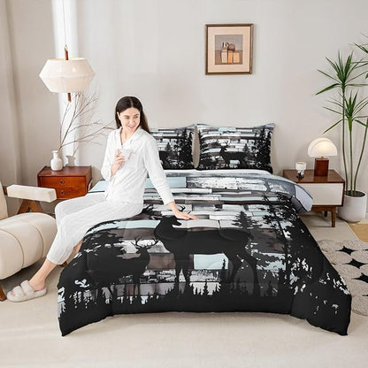 Feelyou Cute Deer Bedding Set Wild Animal Hunt Comforter Set for Kids Boys Girls Pine Trees Retro Comforter Hunting Theme Quilt Set Bedroom Collection 3Pcs Queen Size