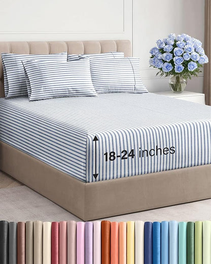Extra Deep King Sheet Set - 6 Piece Breathable and Cooling Sheets - Hotel Luxury Bedding for Women, Men, Kids & Teens - Easy & Secure Fit - Soft and Wrinkle Free - Extra Deep Pockets - Blue Stripes
