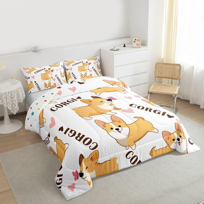Erosebridal Kid Corgi Dog Comforter Set Twin Cute Puppy Down Comforter Cartoon Pet Dog Happy Farm Animal Love Pattern Quilted Duvet, with 2 Pillow Cases, Super Soft Breathable Duvet Insert, White
