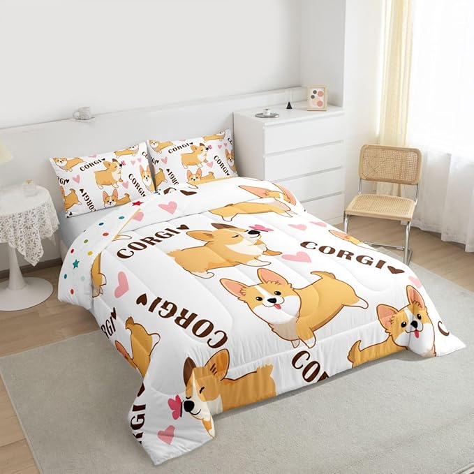 Erosebridal Kid Corgi Dog Comforter Set Queen Cute Puppy Down Comforter Cartoon Pet Dog Happy Farm Animal Love Pattern Quilted Duvet, with 2 Pillow Cases, Super Soft Breathable Duvet Insert, White
