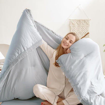 Andency Light Grey Comforter Set Twin Size, 2 Pieces Boho Tassel Lightweight Bedding Comforter Sets, All Season Soft Fluffy Fringe Bed Set (66x90In Comforter & 1 Pillowcase)