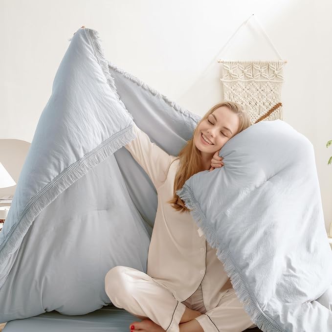 Andency Light Grey Comforter Set California King, 3 Pieces Boho Tassel Lightweight Bedding Comforter Sets, All Season Soft Fluffy Fringe Bed Set (104x96In Comforter & 2 Pillowcases)
