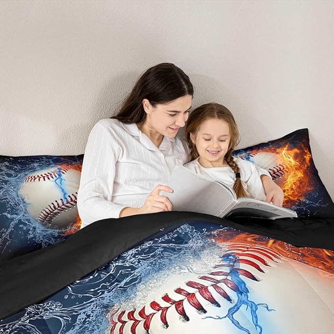 Erosebridal Baseball Comforter Set King Size Sports Theme Bedding Kids Teens Boys Fire and Ice Sports Baseball Quilted Duvet Decoration 3 Pcs Bedding Comforters Red Blue with 2 Pillowcases