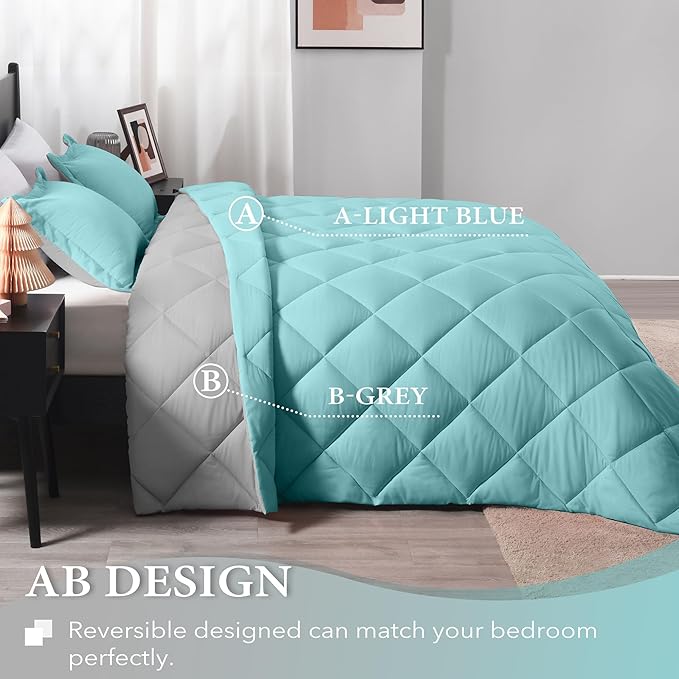 downluxe Queen Comforter Set - Turquoise and Grey Queen Comforter, Soft Bedding Sets for All Seasons -3 Pieces - 1 Comforter (88"x92") and 2 Pillow Shams(20"x26")