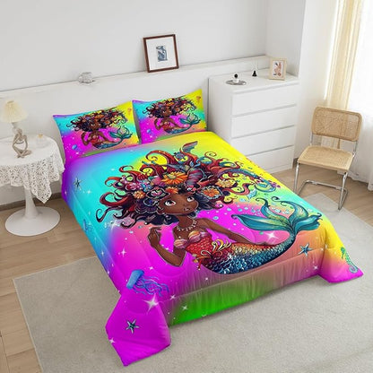 Erosebridal Gothic Mermaid Twin Comforter Set for Girls,Black Girls Bedding Set Afro Girl Quilt,American African Princess Magical Down Comforter for Toddler Kids,Ocean Jellyfish Cute Room Decor