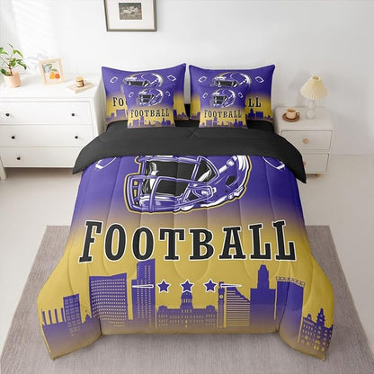 Erosebridal Kids Football Bed in A Bag Queen American Soccer City 7 Pcs Bedding Set for Boys Girls,Sports Rugby Navy Blue Comforter Set with Sheets Chic City Silhouette Ball Games Bed Set