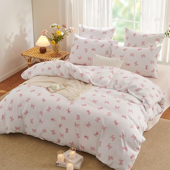 White Twin Comforter Set - Pink Bow Quilt Bedding Set 2 Pieces, Comforter Set Twin Size, Soft & Lightweight Comforter(68‘’ x 90‘’) for Girl All Season & 1 Pillowcase(30‘’x20‘’)