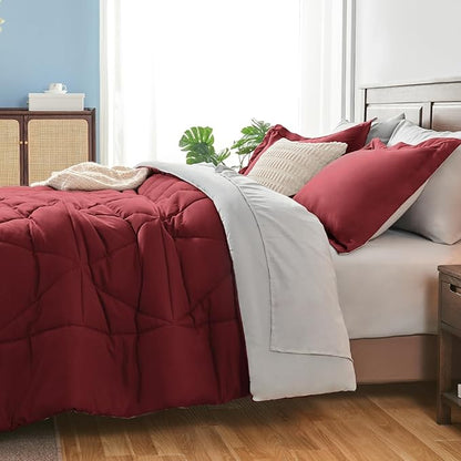 BEDELITE Twin Comforter Set 5 Pieces Bed in A Bag - Soft Microfiber Reversible Burgundy Bed Set with Comforters, Sheets, Pillowcase & Sham, Cozy Luxury Bedding Sets for All Season