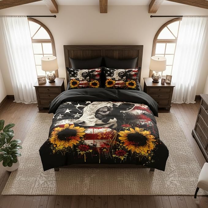 USA Flag Full Size Comforter,Sunflowers Comforter for Boys Girls,3 Pieces Soft Fluffy Microfiber with 2 Pillowcases/79 * 90