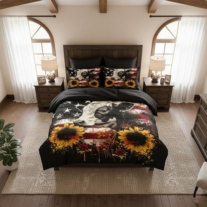 USA Flag Full Size Comforter,Sunflowers Comforter for Boys Girls,3 Pieces Soft Fluffy Microfiber with 2 Pillowcases/79 * 90