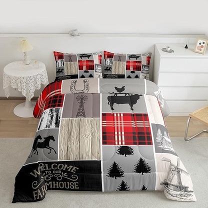 Erosebridal Cabin Rustic Lodge Comforter Set, Horseshoe Horse Quilt King Size for Kids Boys Men Bedroom Decor,Country Windmill Down Comforter Retro Farmhouse Grid Patchwork Bedding, 2 Pillow Cases