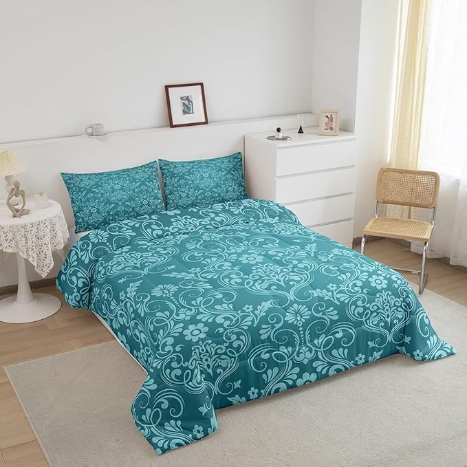 Feelyou Adults Teal Vintage Damask Floral Comforter Set Oriental Antique Comforter Queen Size Gothic Bohemia Boho Flower Bedding Set Bohemian Exotic Duvet Set Quilt Set 3Pcs