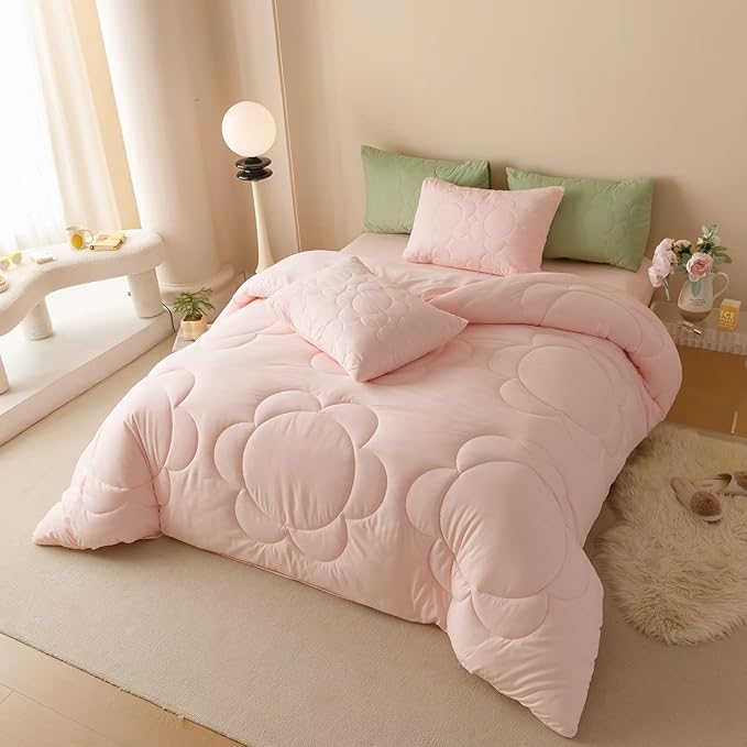 Cottonight Pink Sunflower Comforter Set Full Blush Pink Floral Bedding Set Women Girls Boho Farmhouse Chic Blanket Quilts Soft Breathable Baby Pink Full Size 3 Piece Bedding Set for Full Bed