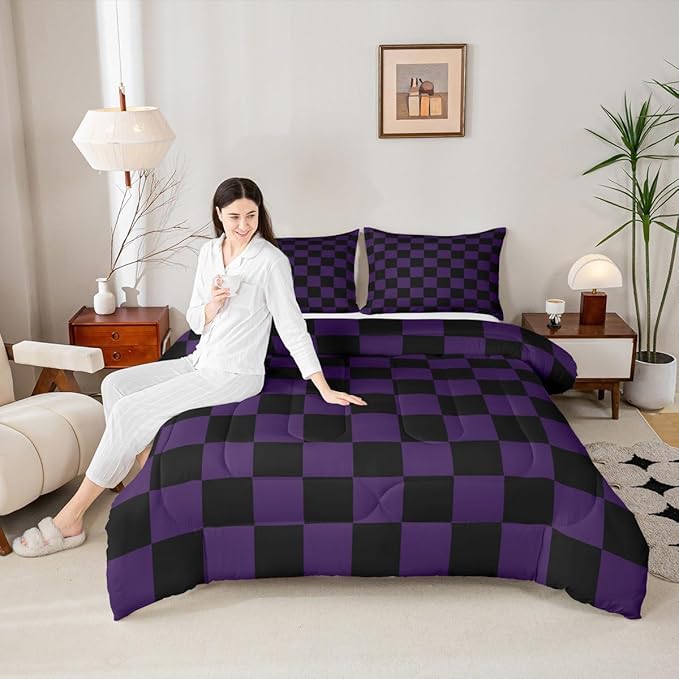 Feelyou Checkered Bedding Set for Boys Girls Purple Black Plaid Comforter Set Twin Size Cute Retro Neutral Checkerboard Geometric Duvet Quilt Vintage Aesthetic Bedroom Decor 2 Pcs with 1 Pillow Cases