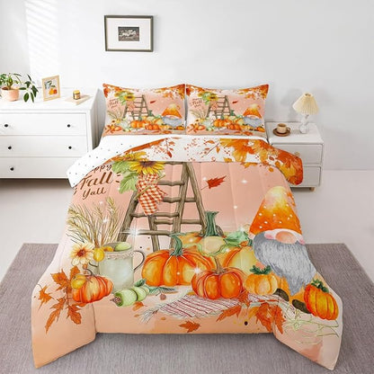 Erosebridal Happy Fall Gnomes Bedding Set Thanksgiving Pumpkin Comforter Set Twin Fall Home Room Decor,Autumn Natural Harvest Season Quilt Duvet,Rustic Maple Leaf Sunflower Comforter 1 Pillow Case