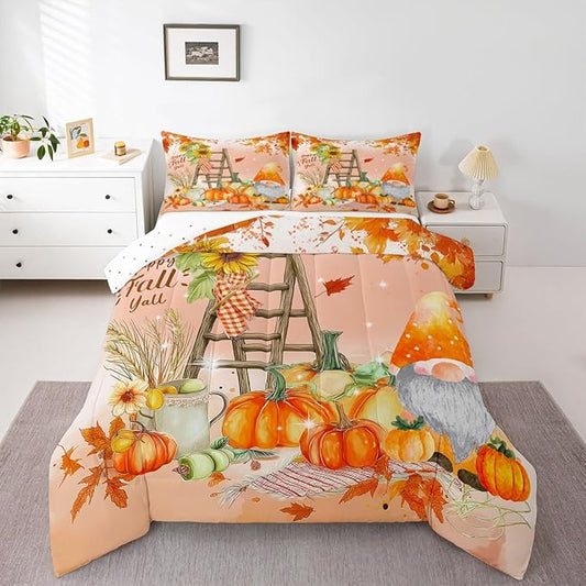 Erosebridal Happy Fall Gnomes Bedding Set Thanksgiving Pumpkin Comforter Set Twin Fall Home Room Decor,Autumn Natural Harvest Season Quilt Duvet,Rustic Maple Leaf Sunflower Comforter 1 Pillow Case