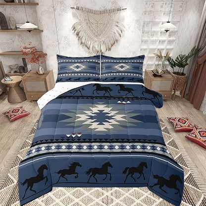 Feelyou Blue Rustic Western Comforter Set Southwestern Aztec Bedding Set Full Size for Kids Boys Girls Teens Room Decor Boho Geometric Western Horse Comforter Soft Microfiber