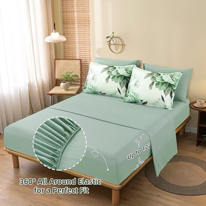 Dobuyly Green Queen Comforter Set 7 Piece Bed in a Bag Queen, Sage Green Floral Printed Comforter Set with Sheets, Soft Microfiber Botanical Flower Complete Bedding Set for All Season