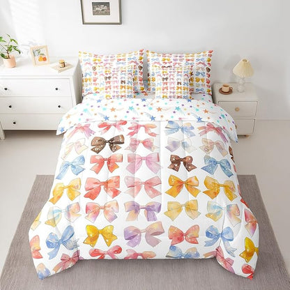 Feelyou Colorful Bow Comforter Set with Sheets Queen Size Kids Bowknot 7 Pieces Bedding Set for Boys Girls Teens Gift for Girls Women Bed in a Bag Breathable Princess Décor Bed Set