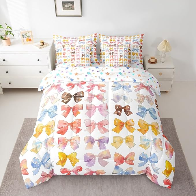 Feelyou Colorful Bow Comforter Set with Sheets Full Size Kids Bowknot 7 Pieces Bedding Set for Boys Girls Teens Gift for Girls Women Bed in a Bag Breathable Princess Décor Bed Set