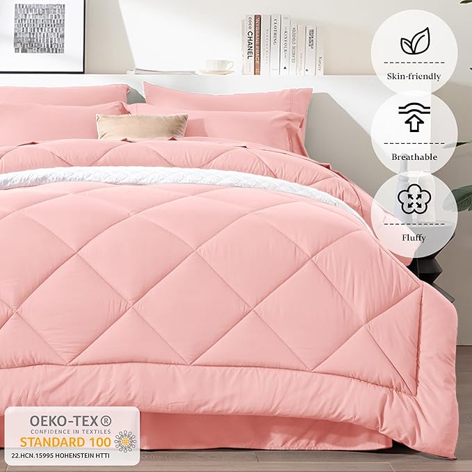 Newspin Queen Comforter Set Pink - Bed in a Bag Queen Size 8 Pieces, All Season Bed Set, Fluffy Comforter Set with Sheets, Sheet Set Quilt Blanket, Pillowcases & Shams & Bed Skirt