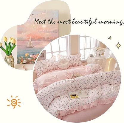 MKXI King Size Pink Floral Ruffle Comforter Set - 3 Piece Pastoral Ruffled Floral Comforter with Pillow Shams, Reversible Pink Flower & Striped Design, Soft Aesthetic Bedding Set for Teen Girls