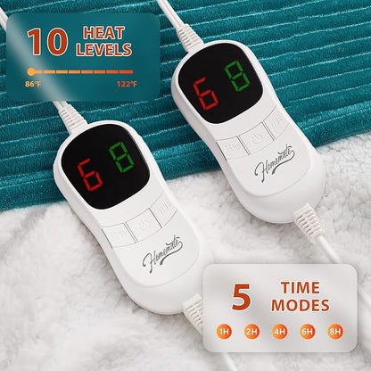 Homemate Electric Heated Blanket Queen Size - 84"x90" Heating Blanket Queen Size Dual Control 1/2/4/6/8 Hours Auto-Off 10 Heat Level Over-Heat Protection Soft Flannel Sherpa ETL Certification