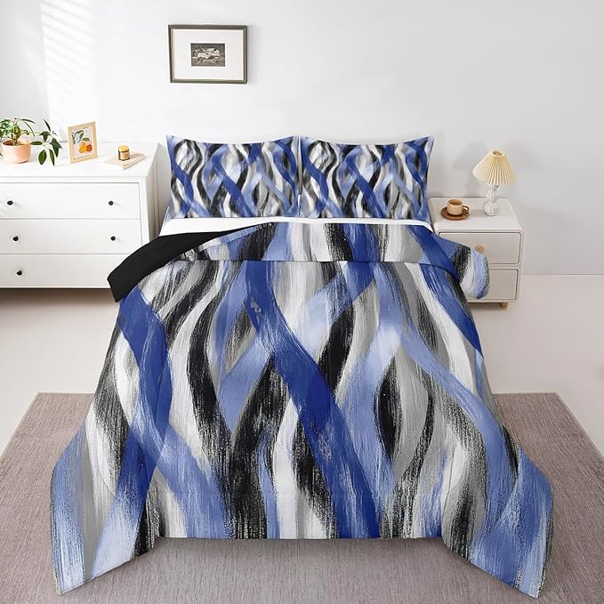 Erosebridal Geometric Stripes Comforter Full Modern Abstract Comforter Set Black Grey Navy Blue Bedding Set for Kids Boys Girls Teen Swirl Lines Quilt Duvet Room Decor 3 Pcs