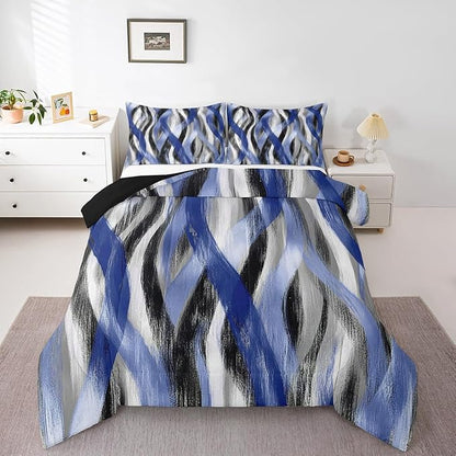 Erosebridal Geometric Stripes Comforter Queen Modern Abstract Comforter Set Black Grey Navy Blue Bedding Set for Kids Boys Girls Teen Swirl Lines Quilt Duvet Room Decor 3 Pcs